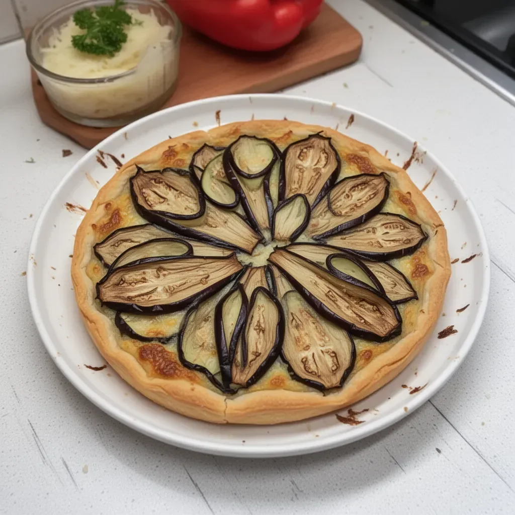 Tarte aux fleurs d'aubergine garnie de légumes frais et de fromage.