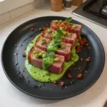 Tataki de Thon, Crème de Petits Pois à la Menthe & Crumble de Chorizo