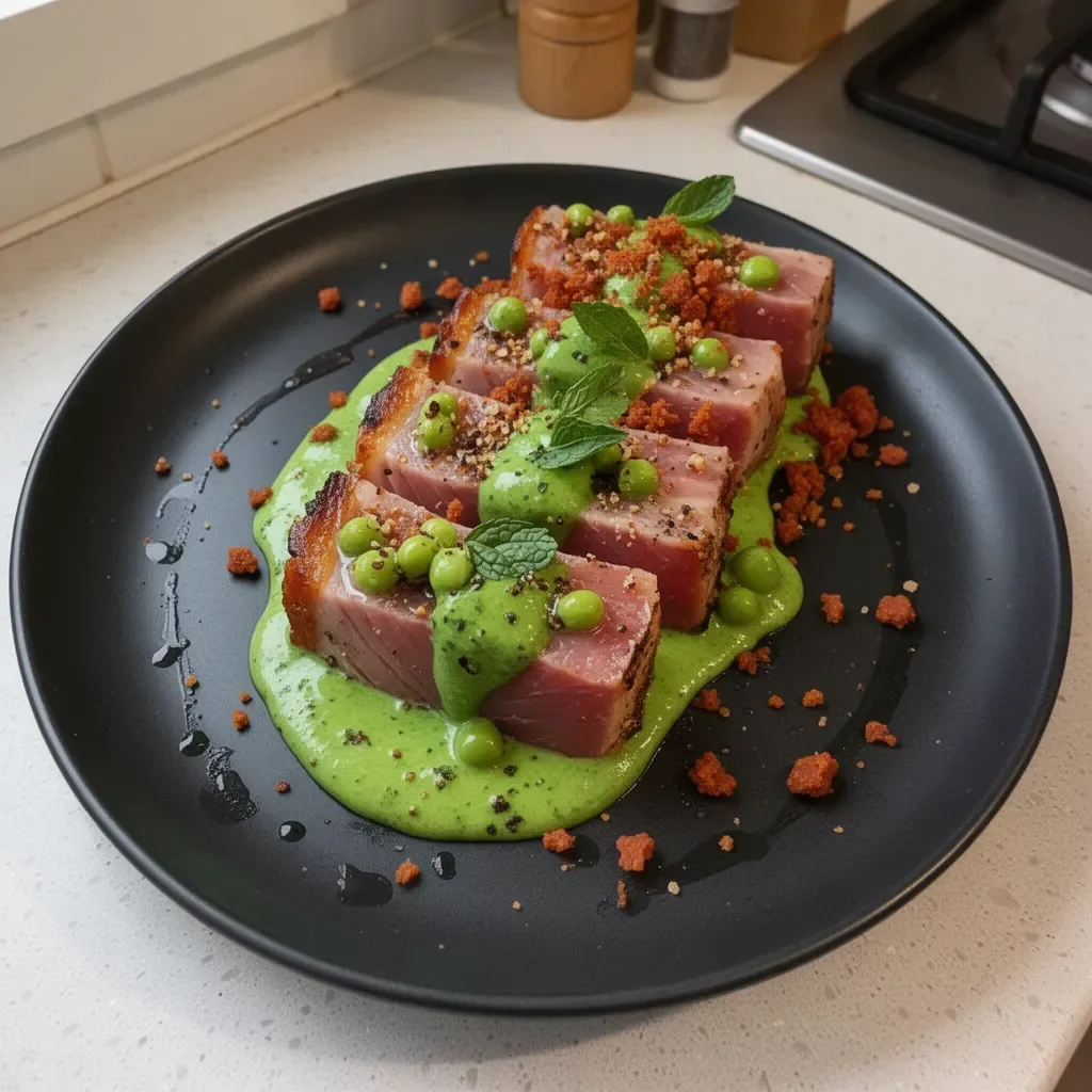 Tataki de Thon avec Crème de Petits Pois à la Menthe et Crumble de Chorizo