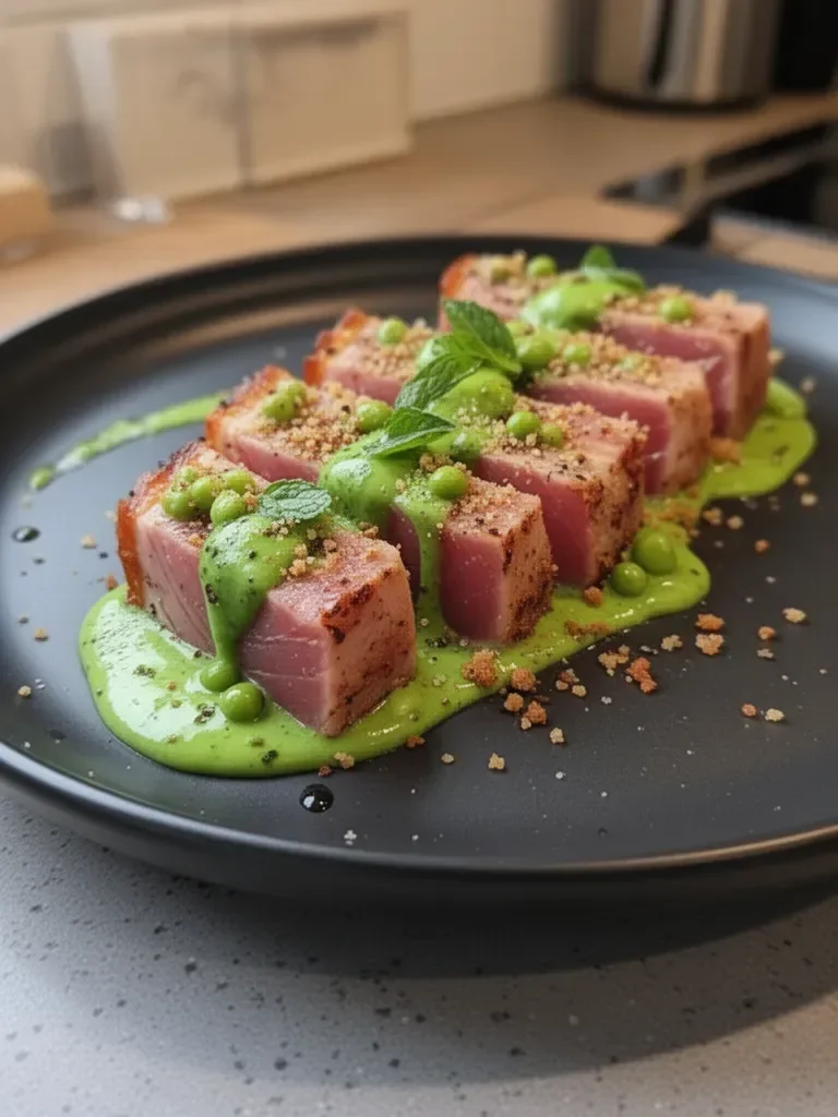 Tataki de Thon, Crème de Petits Pois à la Menthe & Crumble de Chorizo
