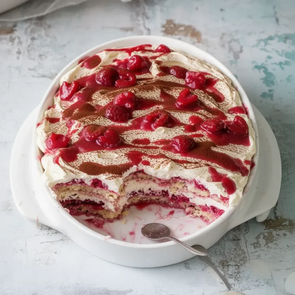 Tiramisu crémeux à la framboise, dessert délicieux avec couches de framboises et de mascarpone.