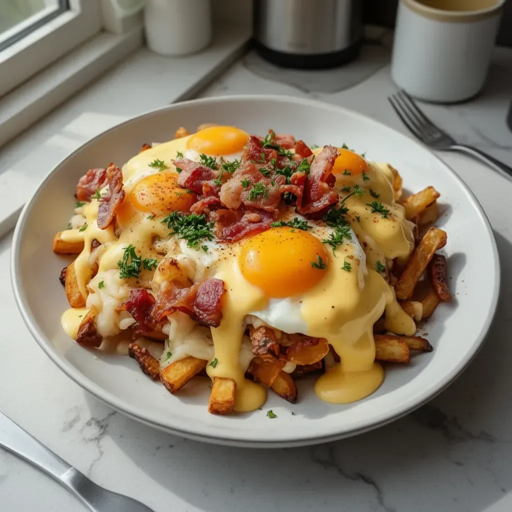 Ultimate Breakfast Poutine avec sauce hollandaise crémeuse et garnitures délicieuses