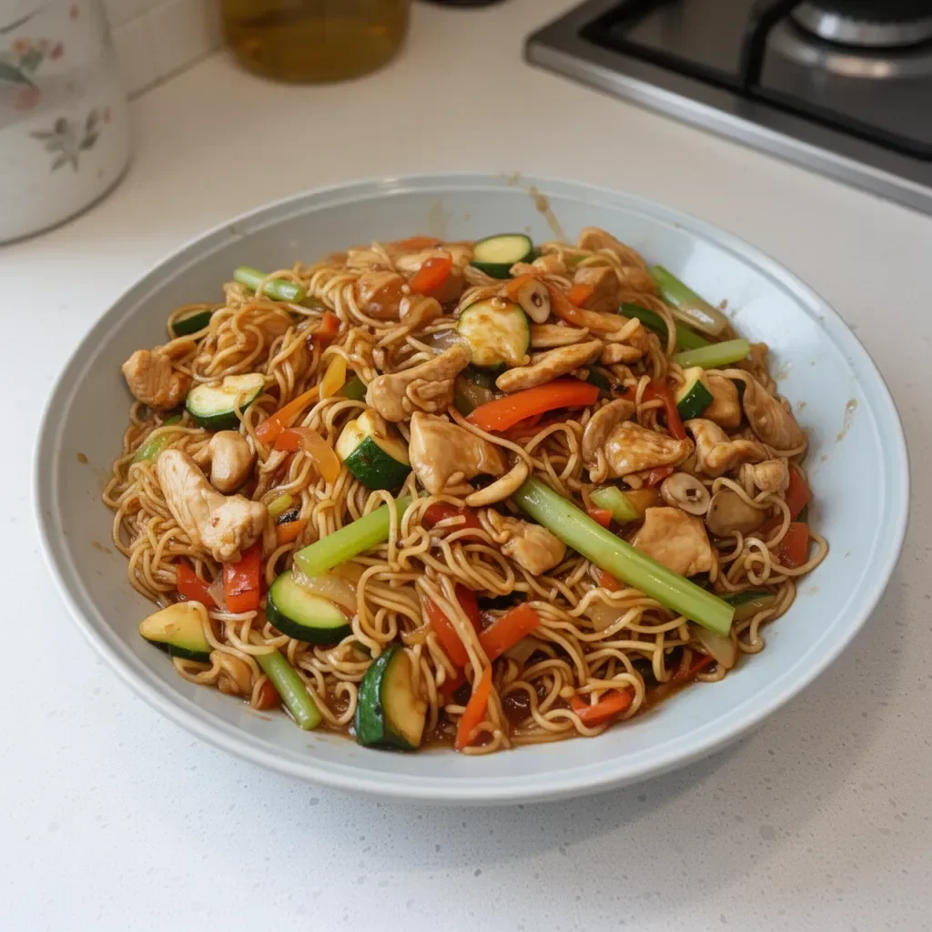 Wok de poulet aux nouilles et légumes, plat coloré et savoureux