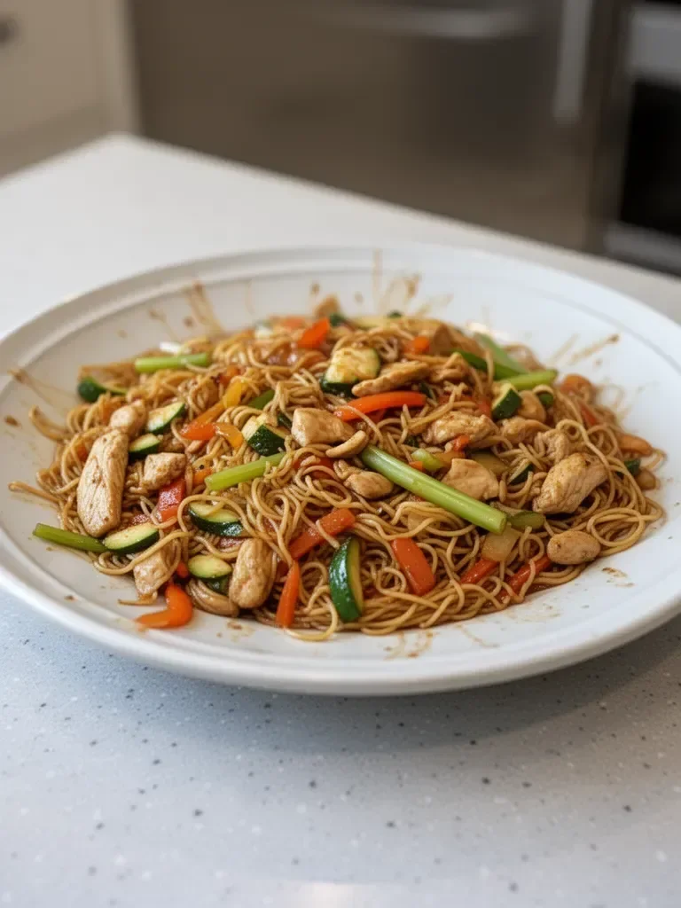 Wok de poulet aux nouilles et légumes