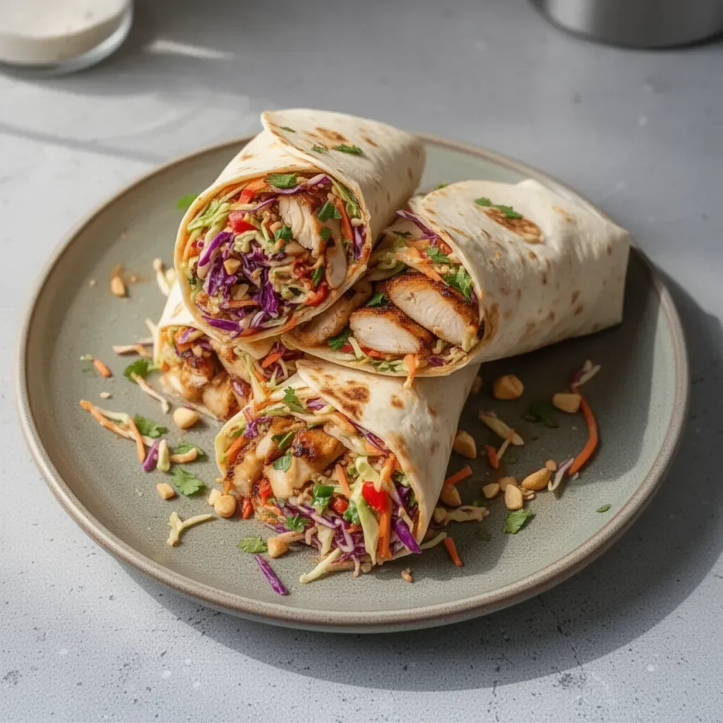 Wrap de poulet thaï servi avec coleslaw asiatique croquant et frais.