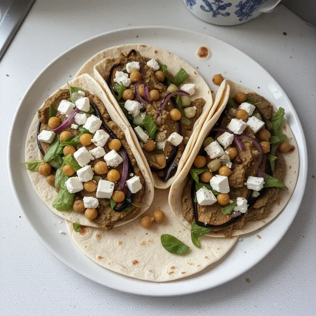 Wraps aubergine méditerranéenne avec purée, pois chiches et feta