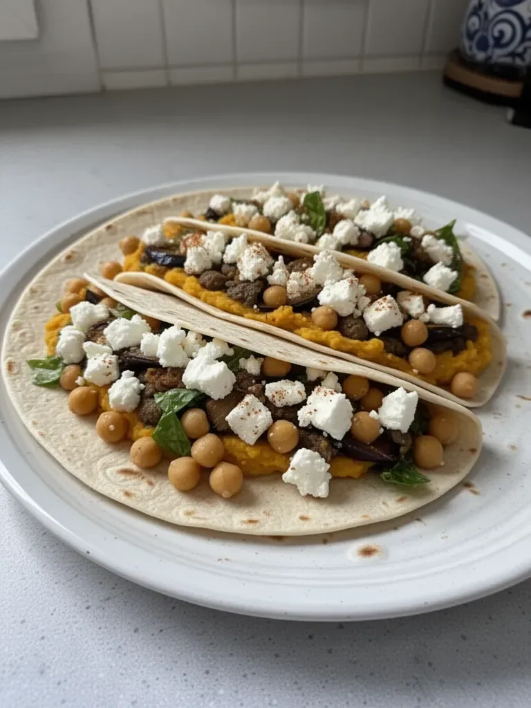 Wraps de purée d'aubergine méditerranéenne avec salade de pois chiches et de feta