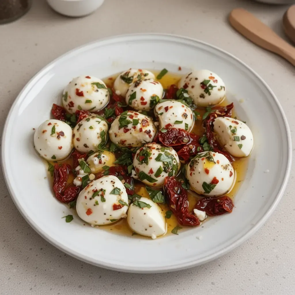 Billes de mozzarella marinées italiennes sur un plateau
