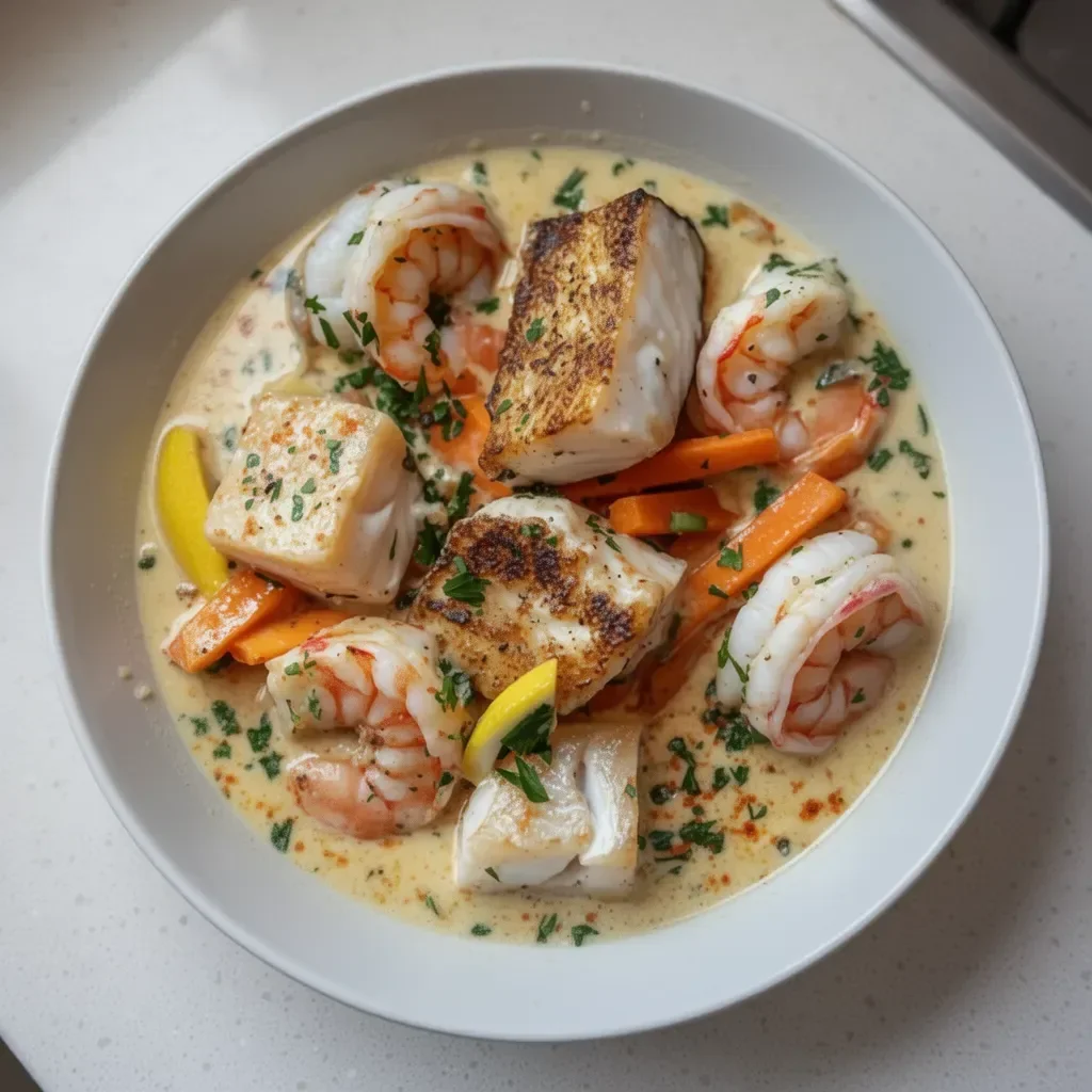 Blanquette de Poissons Exotique servie dans un plat traditionnel