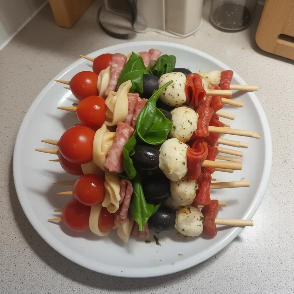 Brochettes d'antipasto colorées avec des légumes et charcuterie