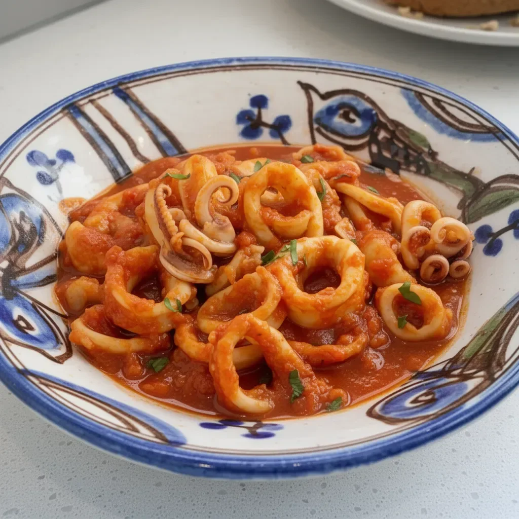 Calamars à la Basquaise, un plat savoureux avec épices et ingrédients frais.