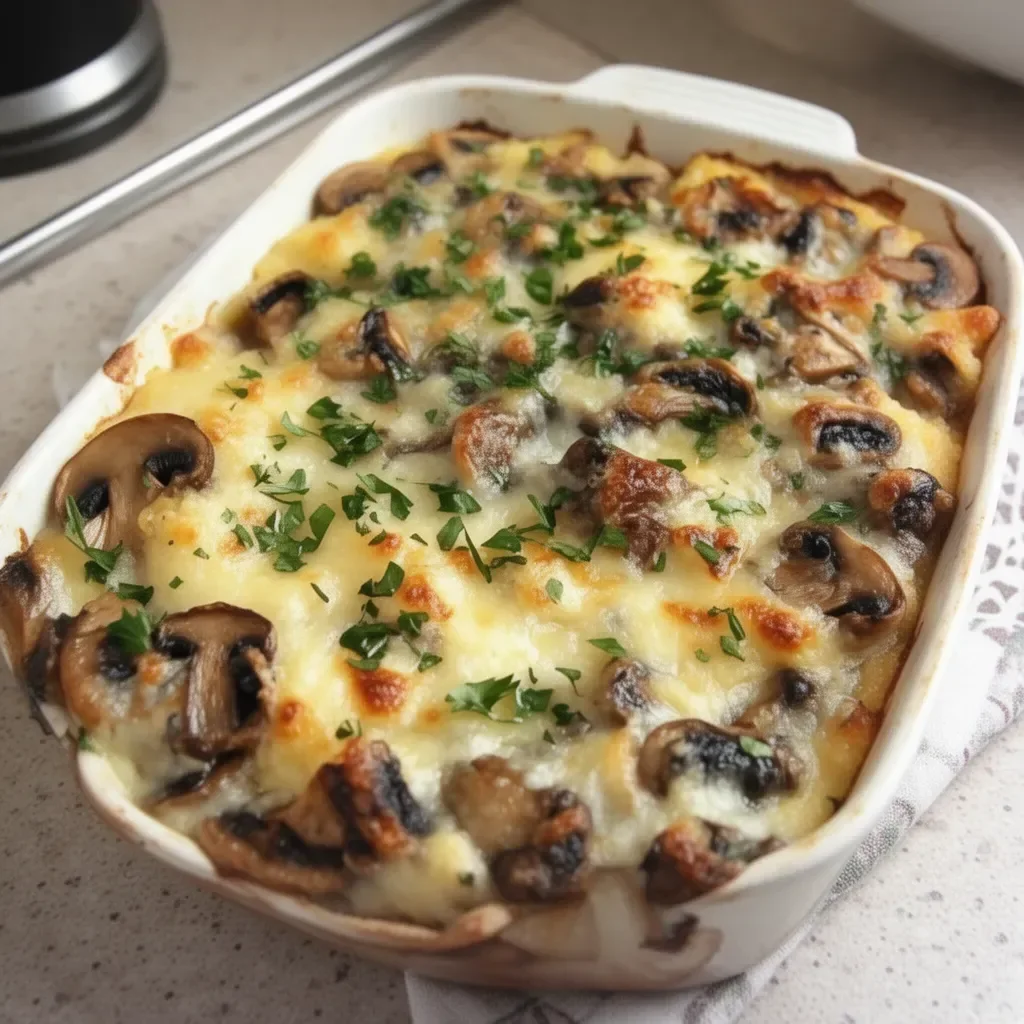 Casserole de polenta aux champignons chaude et savoureuse, prête à être dégustée