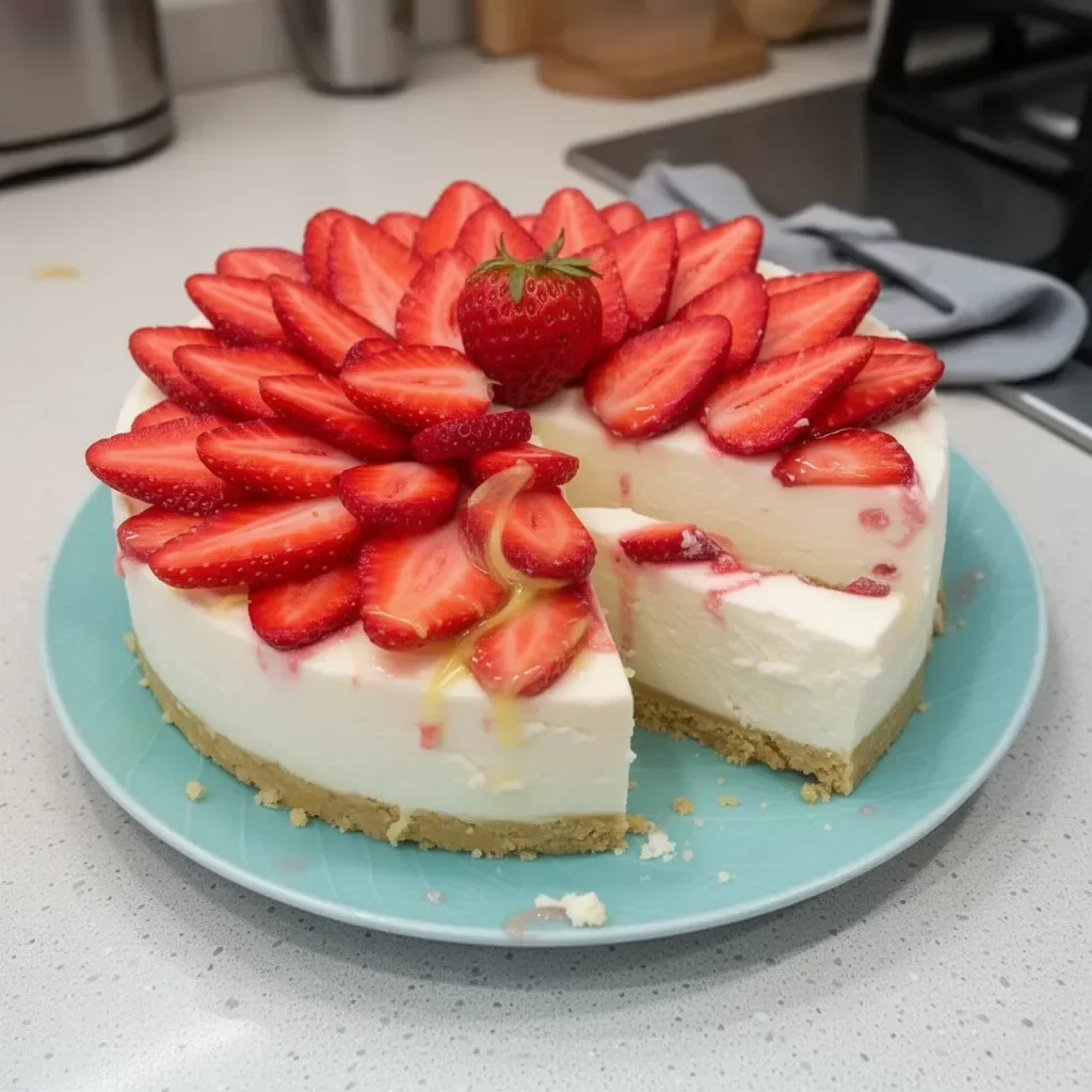 Cheesecake au citron vert et aux fraises sans cuisson, servi dans une assiette.