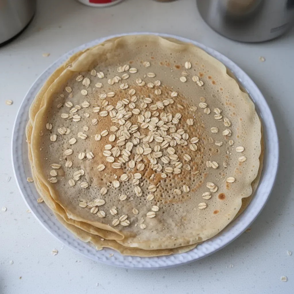 Crêpes avoine allégées et sans lactose servies avec garnitures saines.