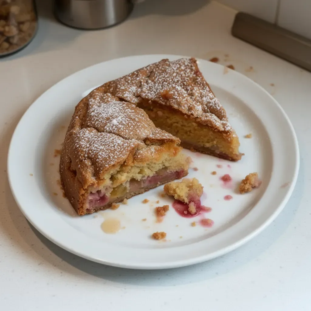 Gâteau à la rhubarbe norvégienne fraîchement cuit, prêt à être dégusté.