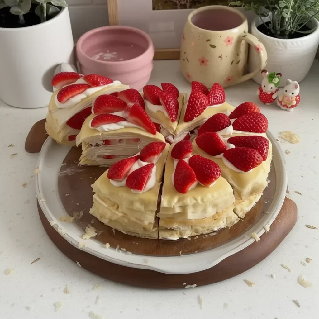 Gâteau de crêpes aux fraises décoré de fruits frais et de crème légère