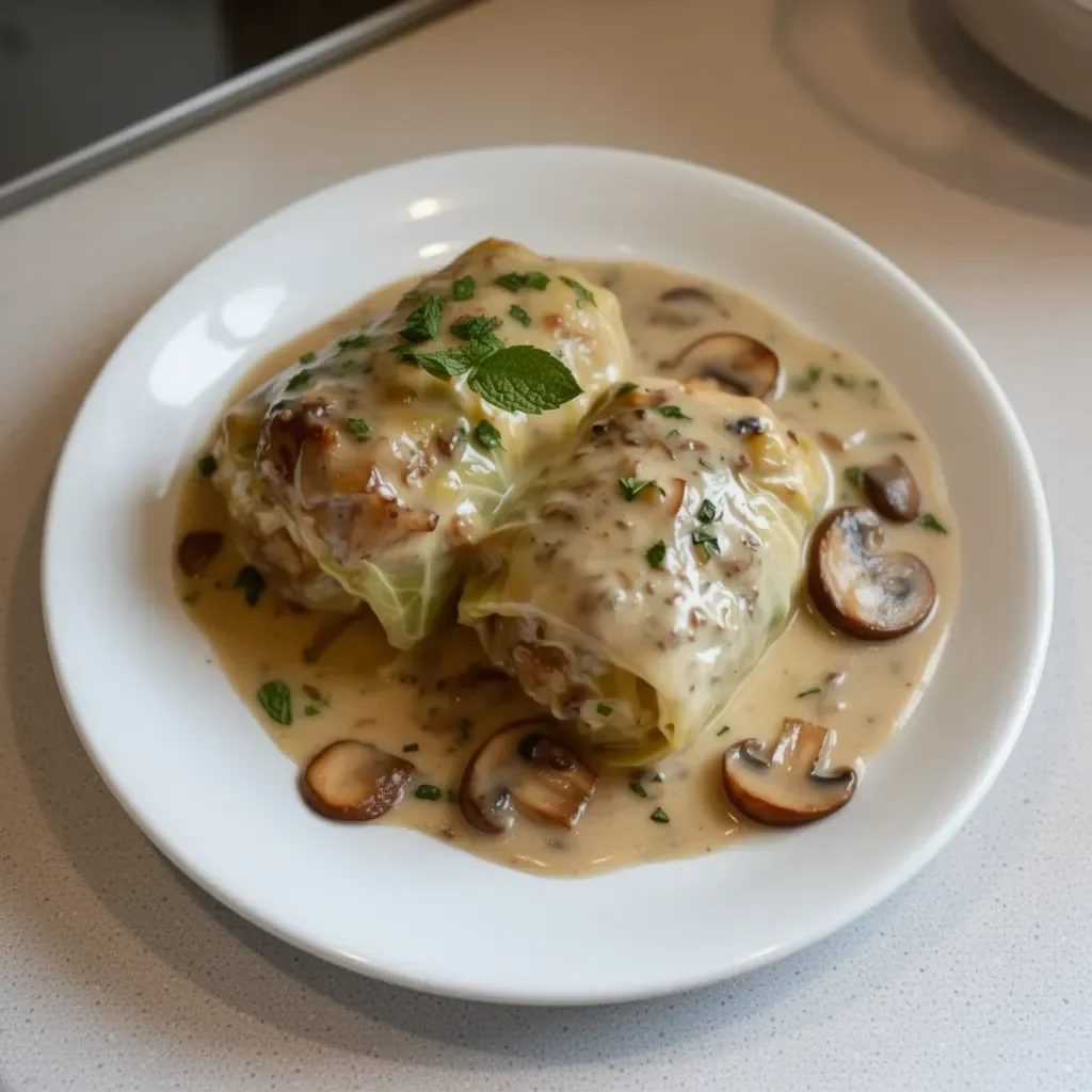 Gołąbki au chou avec sauce aux champignons, plat savoureux et réconfortant.