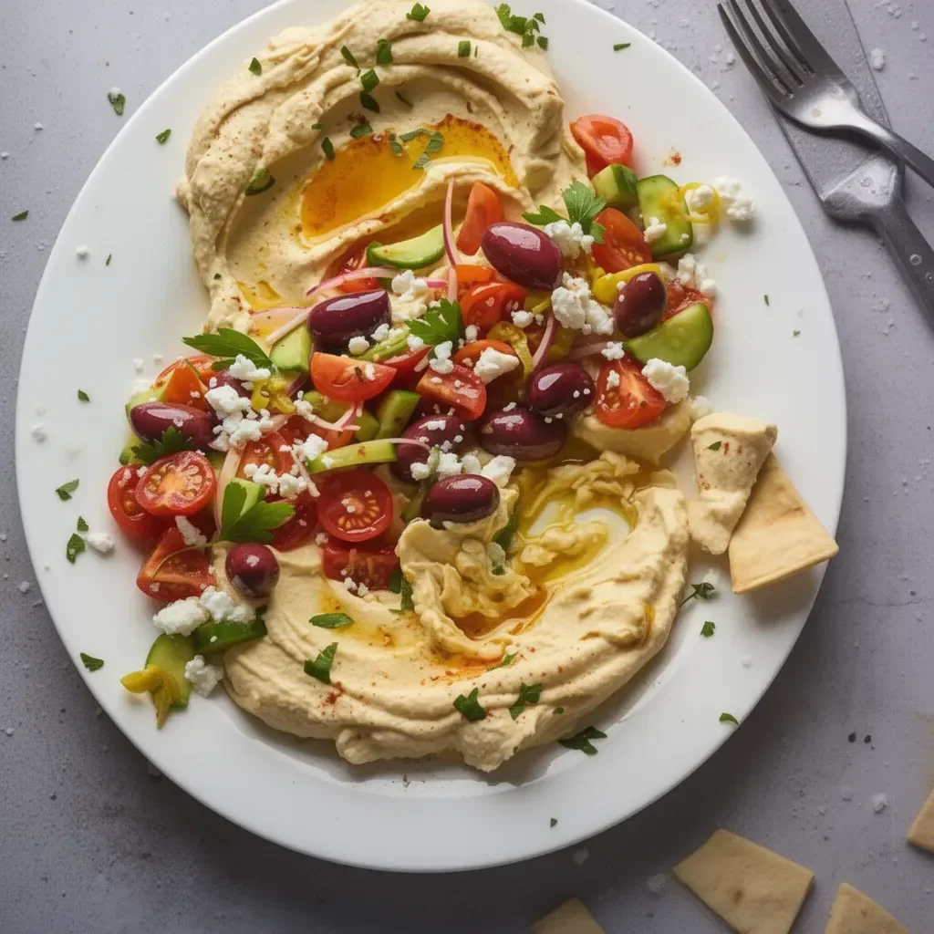 Hummus Grec Chargé servi dans un bol avec des garnitures méditerranéennes