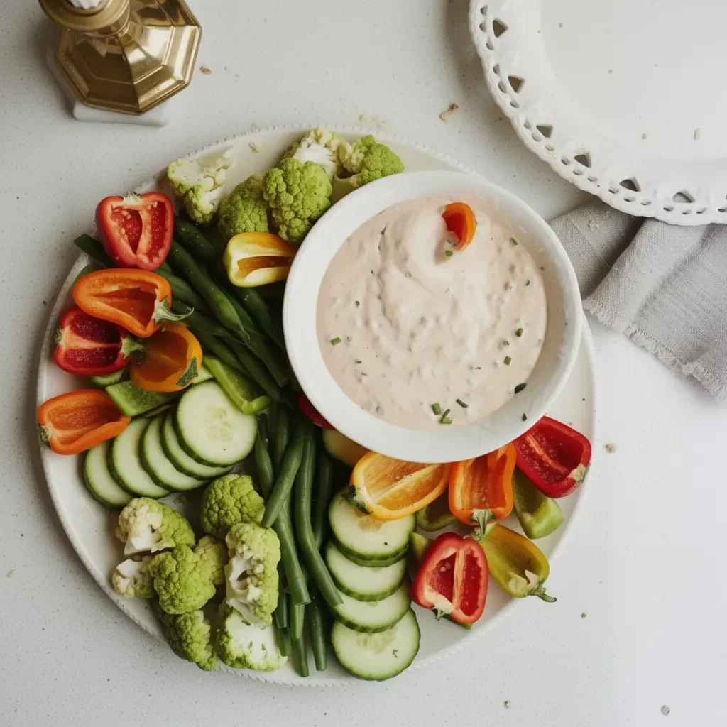 Détail d'un dip crémeux pour légumes frais, idéal pour les apéritifs sains.