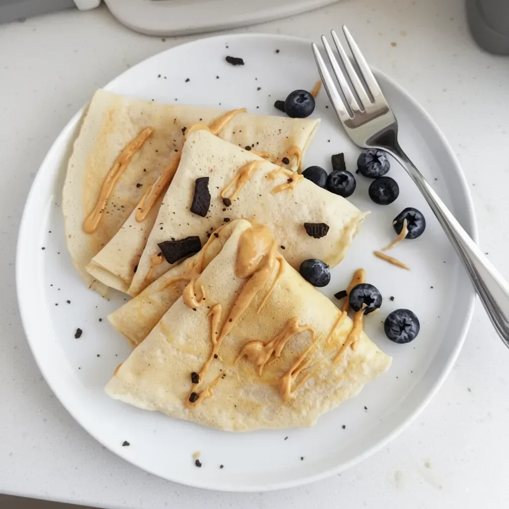 Assiette de délicieuses crêpes protéinées garnies de fruits et de sirop