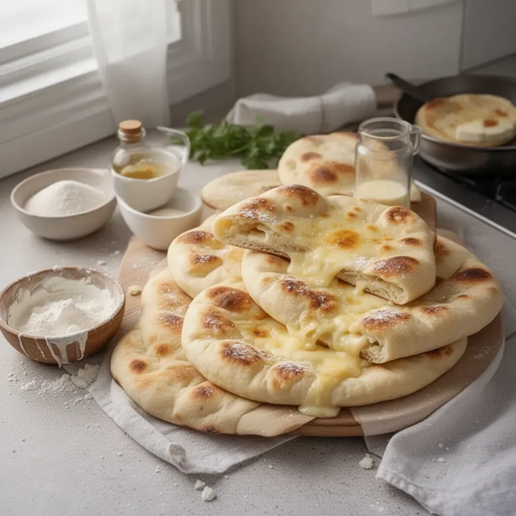 Naans au fromage moelleux sortis du four, prêts à être dégustés.