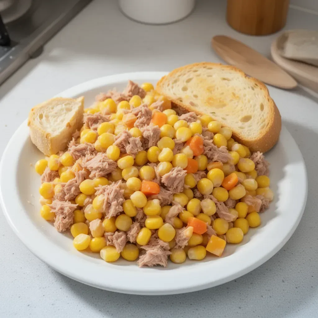 Pain de thon et macédoine présenté sur une assiette