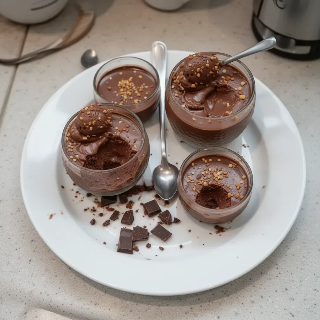 Pots de crème au chocolat, un dessert crémeux et savoureux, prêt à être dégusté.