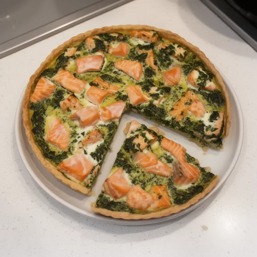 Quiche au saumon et aux épinards, un plat savoureux et coloré.