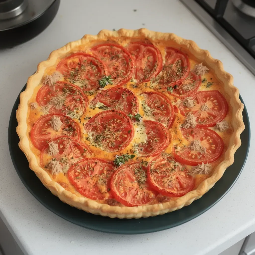 Quiche au thon et à la tomate fraîchement sortie du four