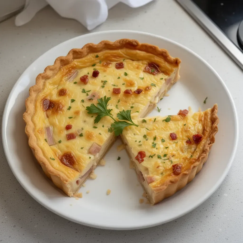Quiche Lorraine classique avec lardons et fromage sur une table.