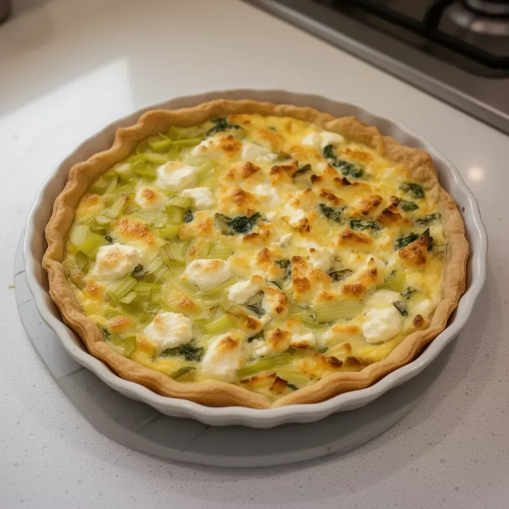 Quiche savoureuse avec poireaux et fromage de chèvre, prête à être dégustée.