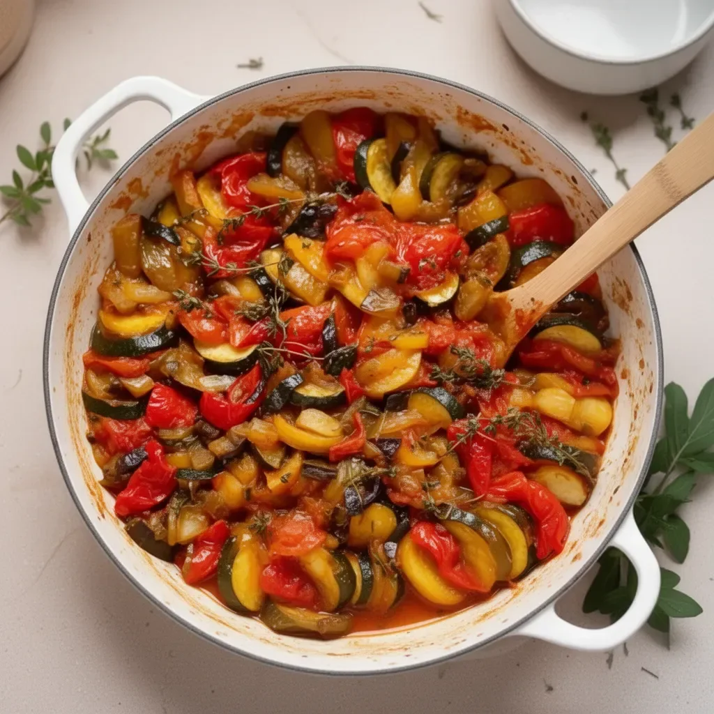 Plat de Ratatouille Provençale avec légumes frais et herbes aromatiques.