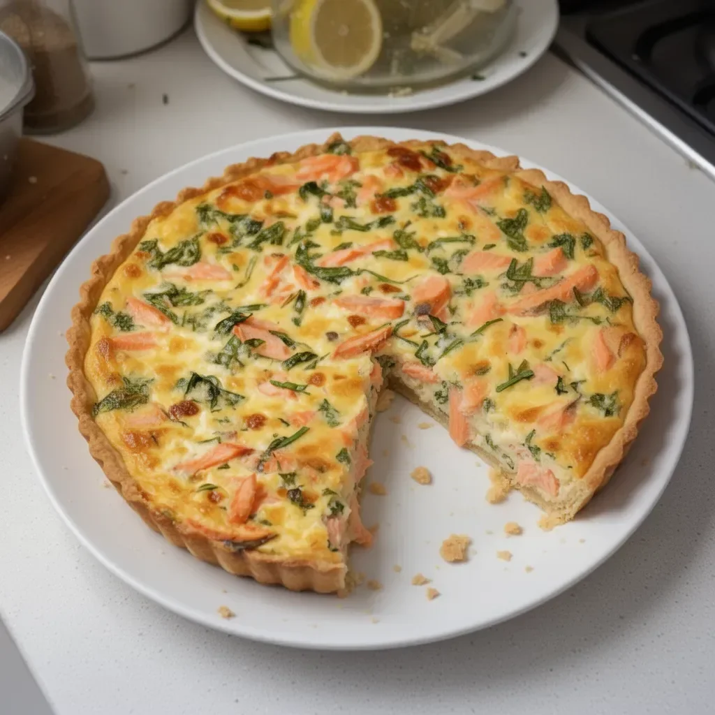 Delicious quiche au saumon fresh from the oven, garnished with herbs.
