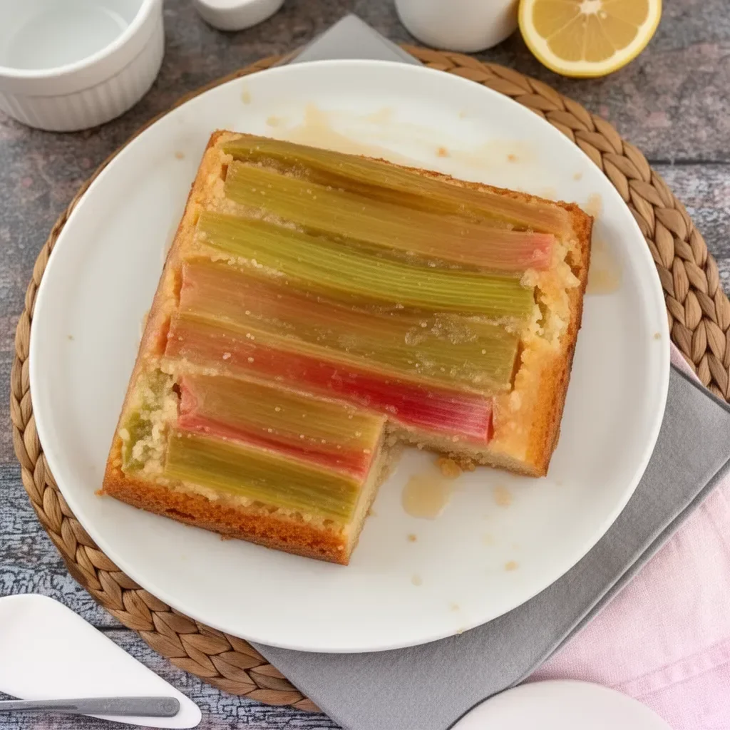 Gâteau renversé à la rhubarbe avec une garniture dorée et un aspect appétissant.