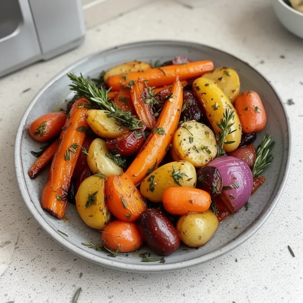 Légumes rôtis avec ail et herbes dans un plat savoureux.