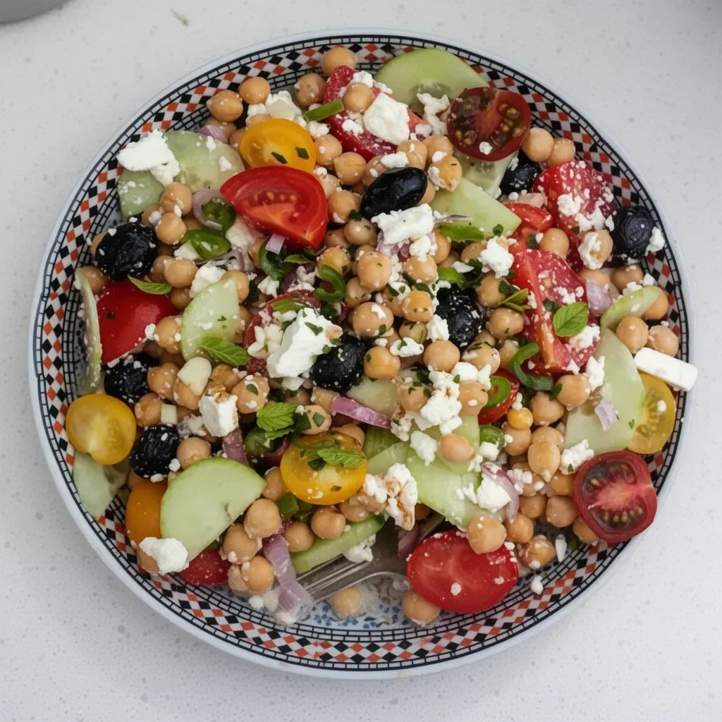 Salade de pois chiche à la grecque pimentée avec légumes colorés