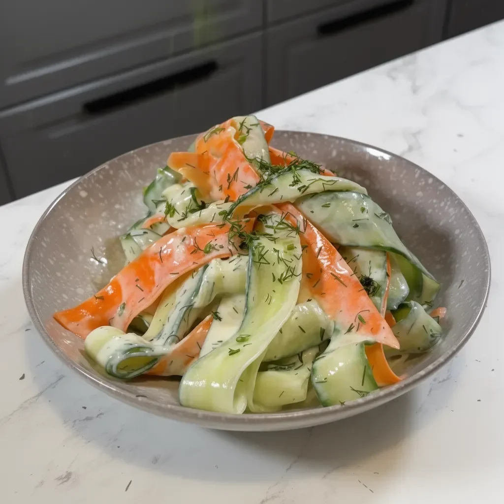 Salade colorée de rubans de carottes et de concombres, idéale pour un repas léger.