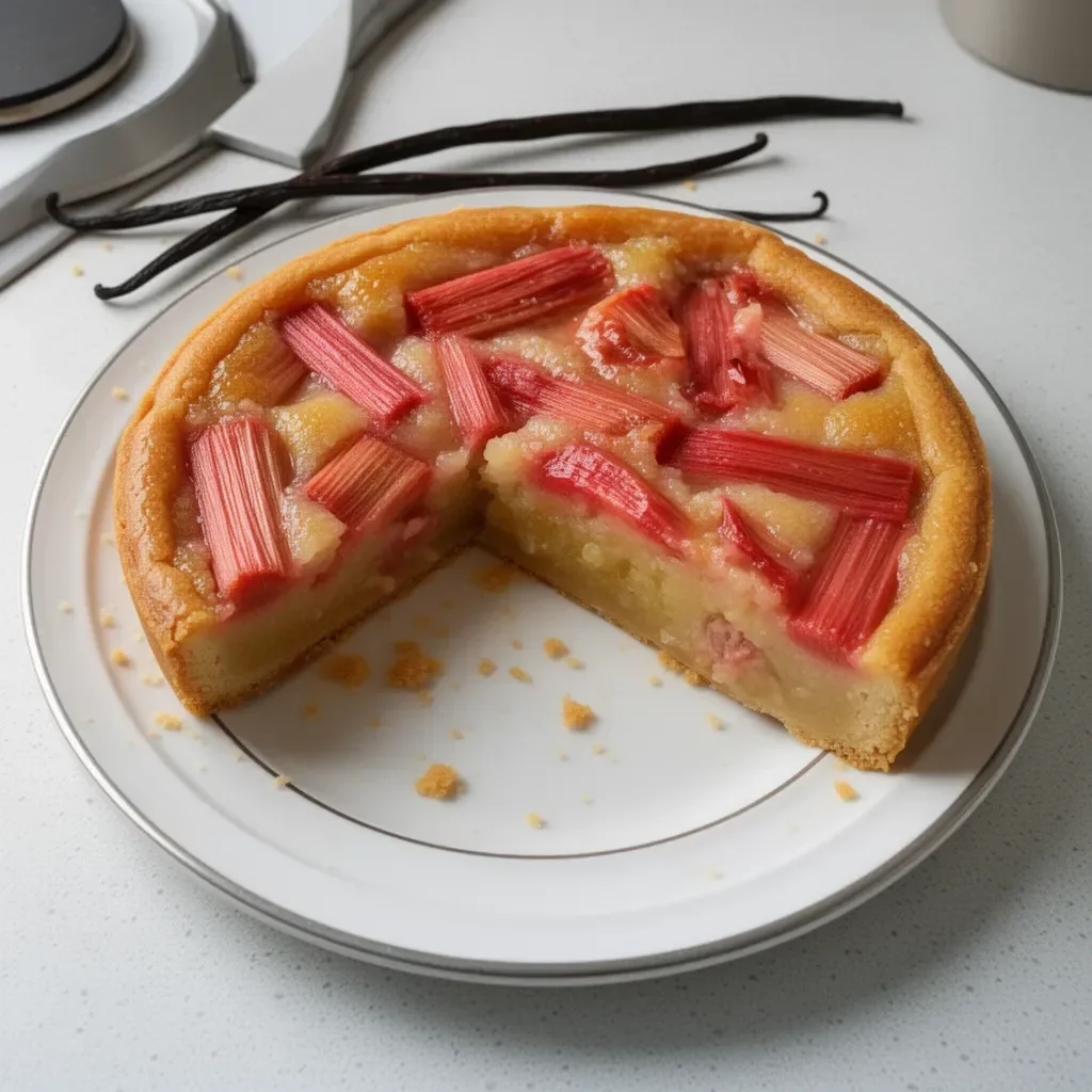 Tarte à la frangipane garnie de rhubarbe et de vanille, délicieuse et appétissante.