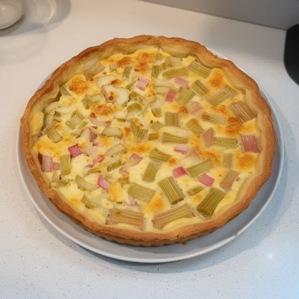 Tarte à la rhubarbe maison, dessert sucré et acidulé.