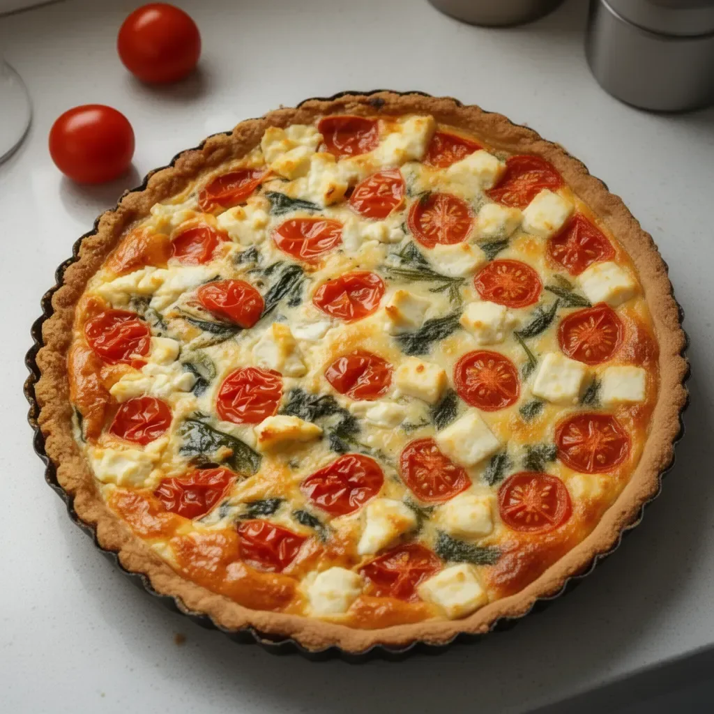 Tarte à la tomate et à la feta sur une table en bois, prête à être dégustée.