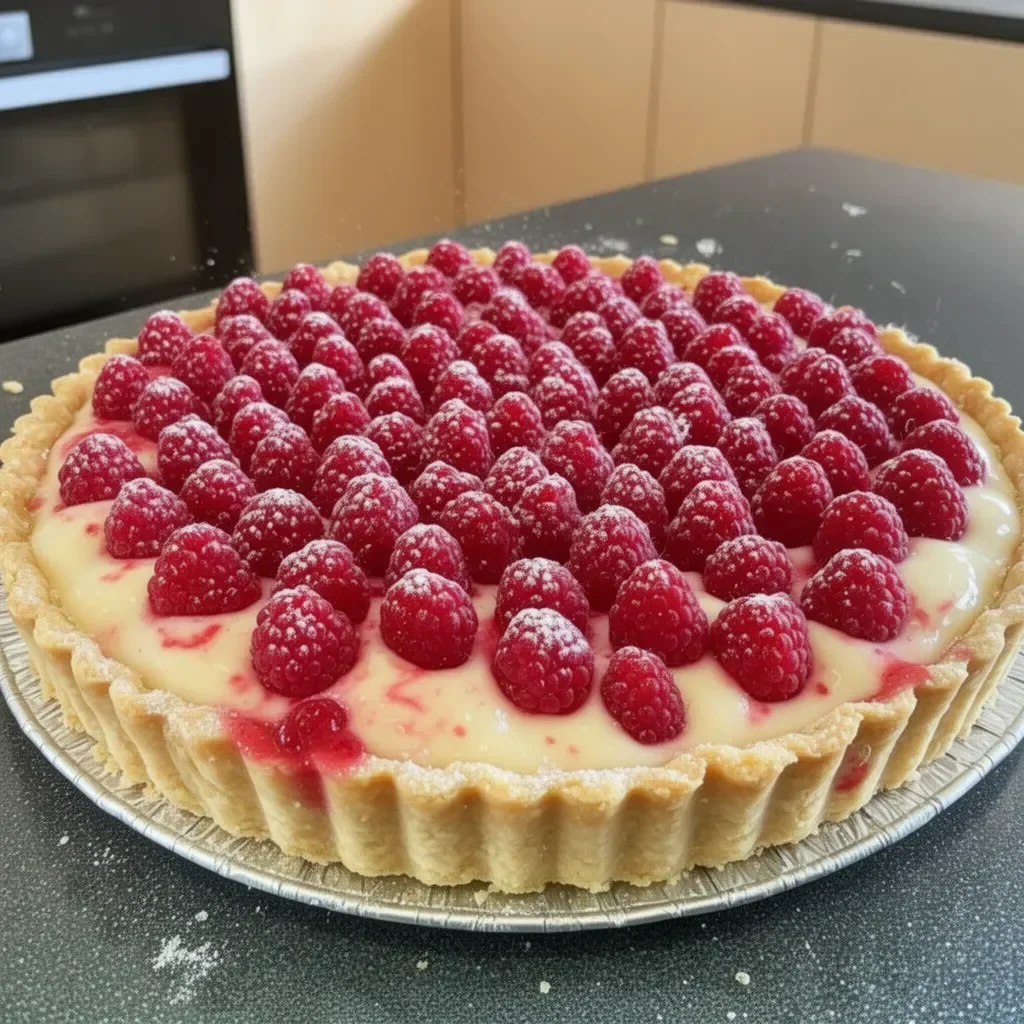 Tarte aux Framboises fraîchement préparée avec des framboises juteuses.
