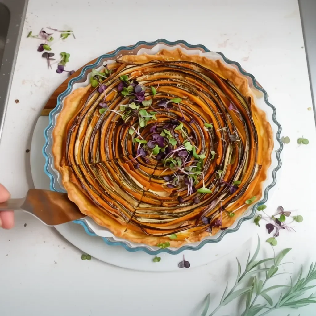 Tarte aux légumes en spirale avec courgettes et tomates colorées