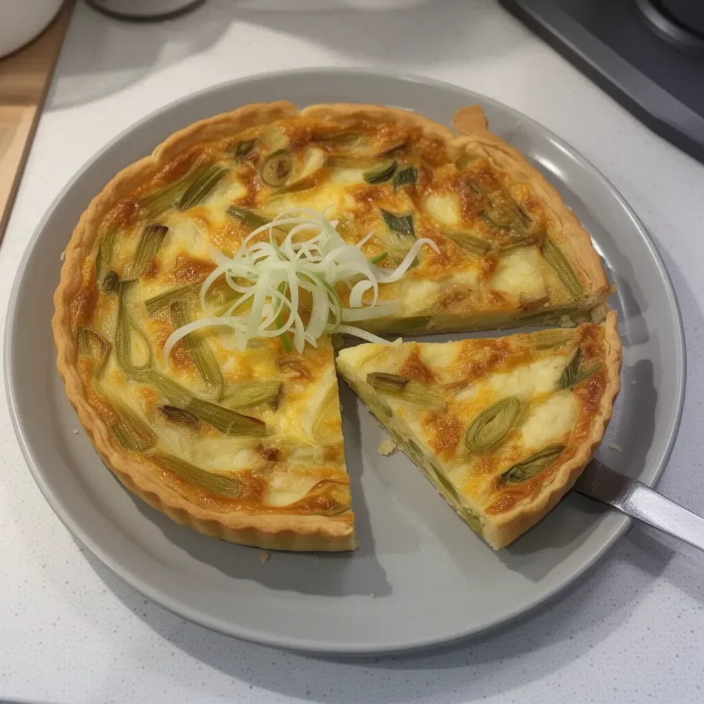Tarte aux Poireaux freshly baked with a golden crust and leeks filling