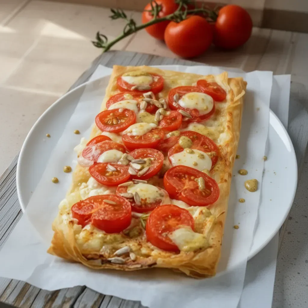 Tarte fine à la tomate, mozzarella et moutarde sur assiette