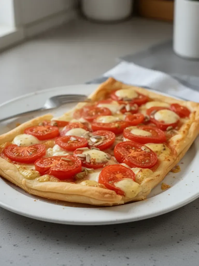 Tarte fine à la tomate, mozzarella et moutarde