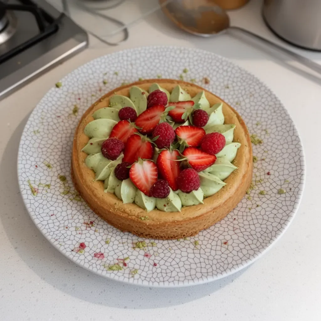 Tarte pistache garnie de fruits rouges frais et appétissants