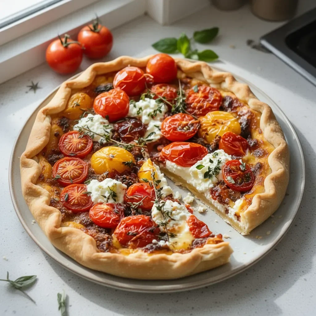 Tarte rustique aux tomates et ricotta, recette savoureuse et facile à préparer.