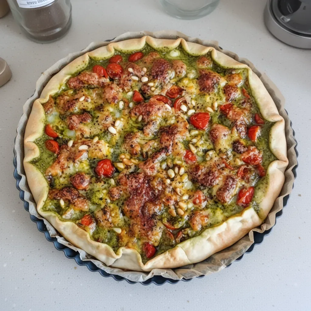 Tarte salée au pesto, tomates cerises et mozzarella prête à être servie