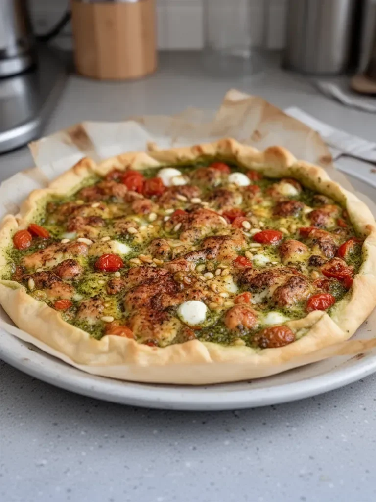 Tarte salée au pesto, tomates cerises et mozzarella