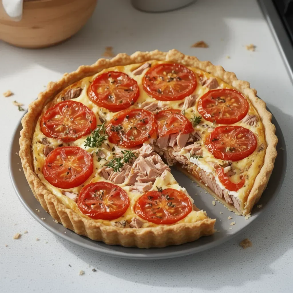 Tarte salée au thon garnie de légumes frais et fromage.